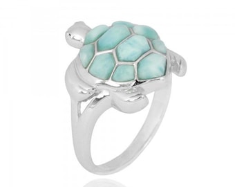 Amazing Sterling Silver Turtle Ring with Larimar - Sea Turtle Larimar Ring - Beach wedding jewelry - rare and unique design - Hawaii turtle