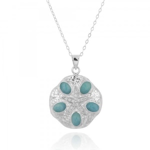 Colar Sand Dollar Larimar - Prata esterlina 925 Colar Sand Dollar com Larimar - Joias Náuticas - Presente para seu casamento - Joias Sea Life