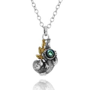 Sea Otter Necklace - Oxidized Silver Otter Pendant With Gold Holding Round Abalone shell - Sea Life Beach Sterling Silver 925 Jewelry - Gift