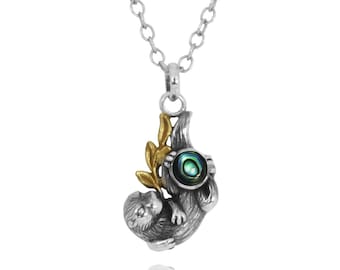 Sea Otter Necklace - Oxidized Silver Otter Pendant With Gold Holding Round Abalone shell - Sea Life Beach Sterling Silver 925 Jewelry - Gift