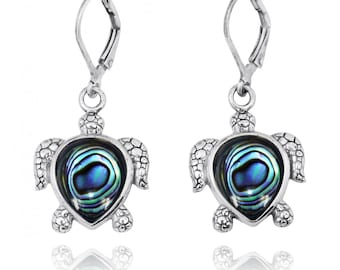 Silver Turtle Earrings with Abalone shell, Sea Turtle Lever Back Earrings Beach Jewelry Nautical Shell Gift for woman inspired by the Ocean
