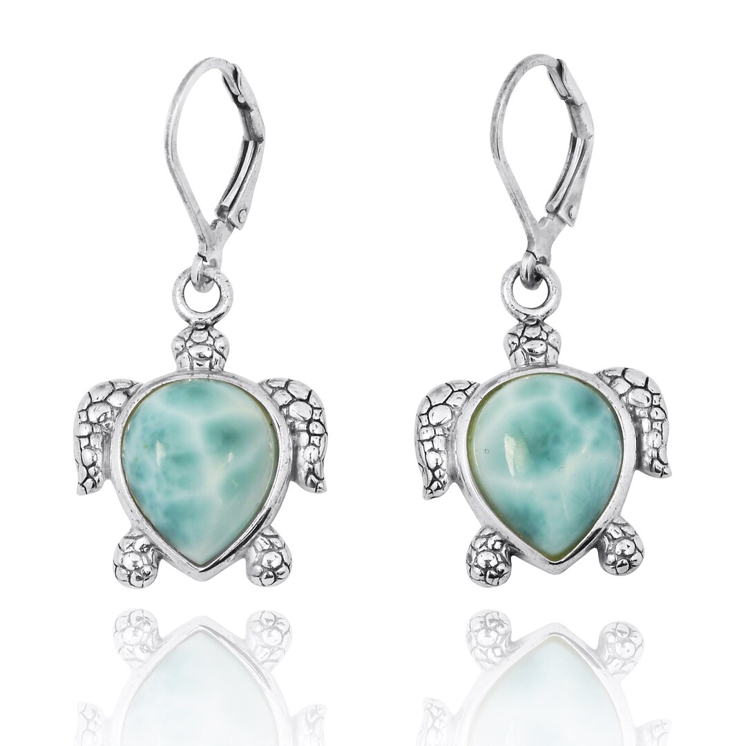 Sterling Silver Turtle Lever Back Earrings With Larimar Sea Life Beach ...