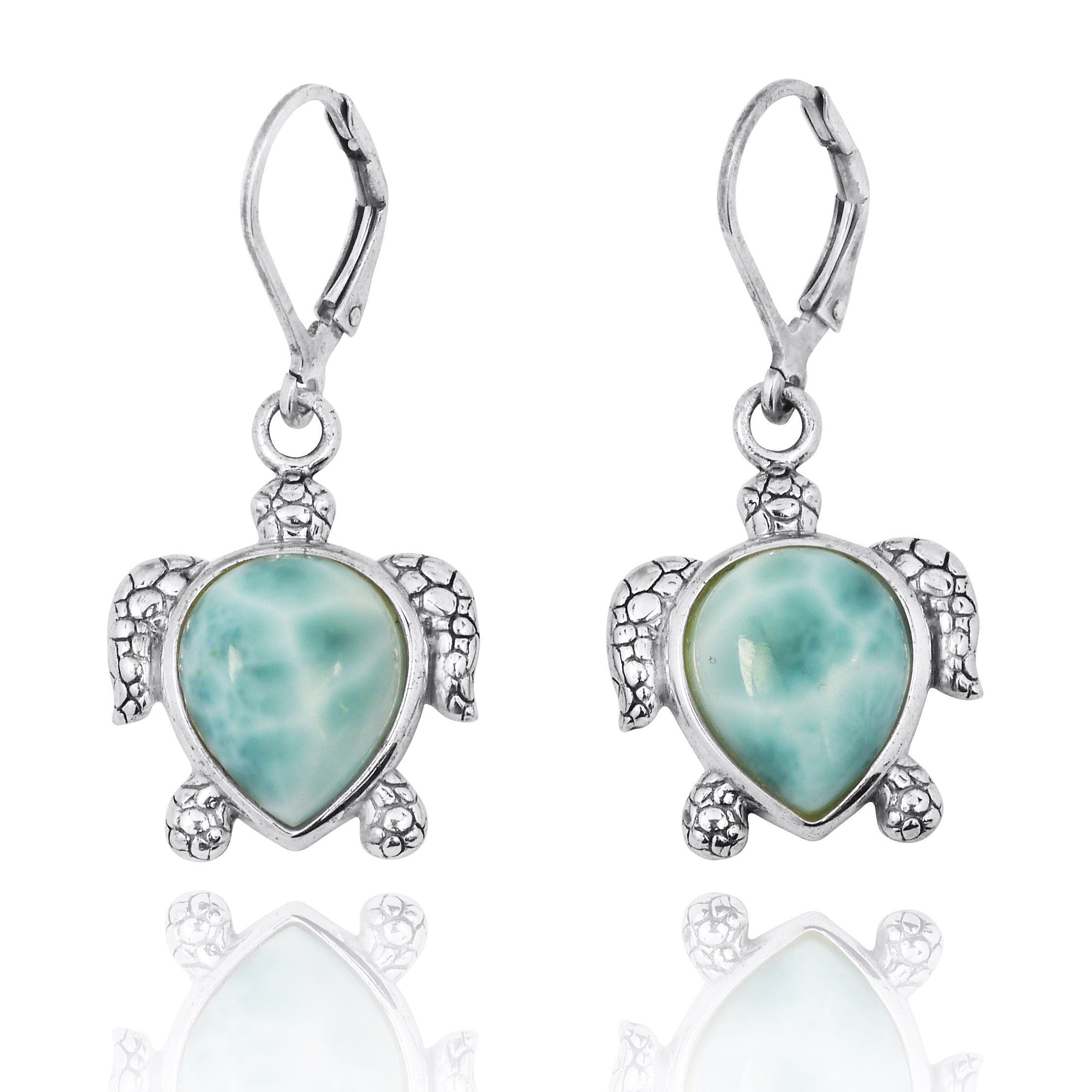 Sterling Silver Turtle Lever Back Earrings With Larimar Sea - Etsy