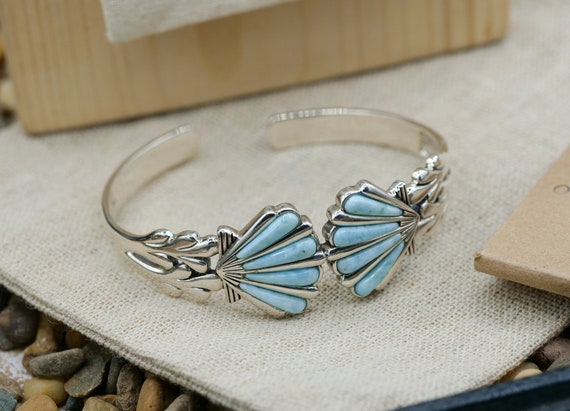 Sterling Silver Bangle with Blue Larimar Stone and Seashell Design Bracelet - Beach Sea Life Jewelry - Nautical Themed - Inspired by Ocean