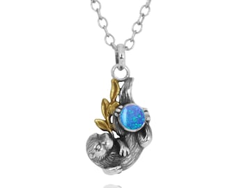 Sea Otter Necklace -Oxidized Silver Otter With Gold Holding Simulated Blue Opal Pendant -Sea Life Beach Jewelry - Nautical Themed - Handmade