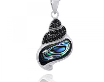 925 Sterling Silver Necklace Sea Shell Pendant with Abalon shell and Black Spinel - Sea Life Jewelry -Nautical Themed -Inspired by Ocean