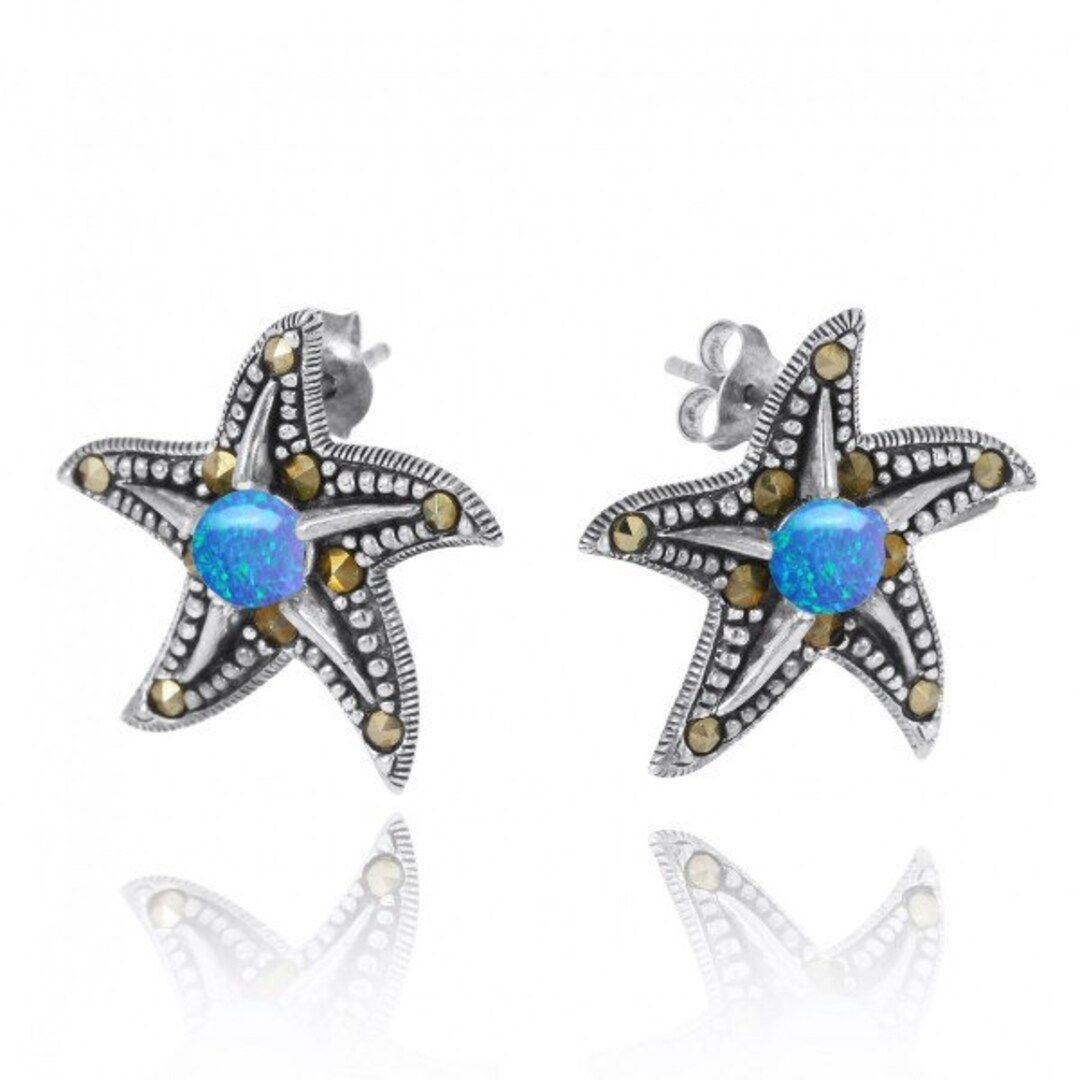 Sterling Silver Starfish Stud Earrings With Simulated Blue Opal and ...