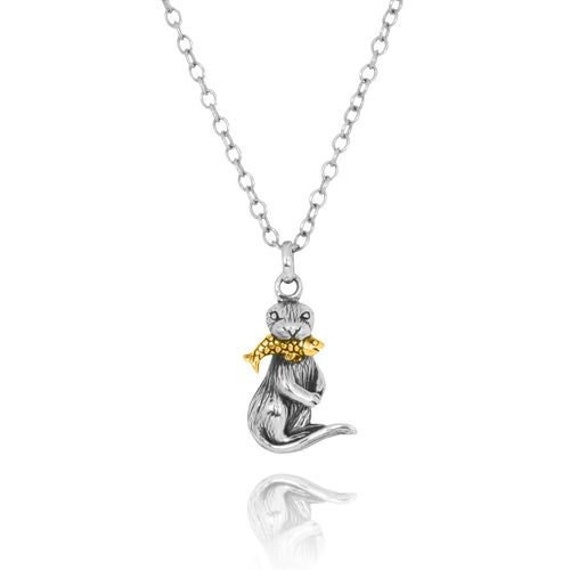 Sea Otter Necklace -Otter Catching 18K Gold Plating Fish Oxidized Silver Pendant - Sea Beach Jewelry - Nautical Themed - Inspired by Ocean