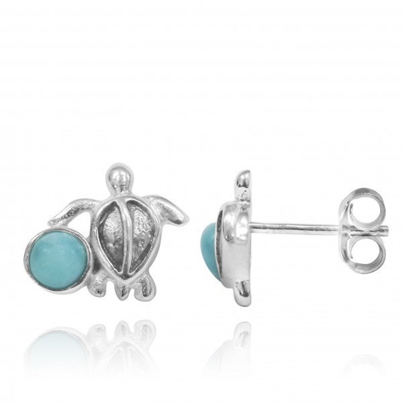 Ocean Inspired Sea Life Jewelry you/'ll love! Beautiful Sterling Silver Sea Turtle Stud Earrings with Round Larimar stone