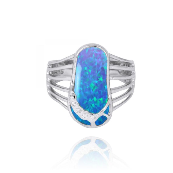 Clear CZ Blue Simulated Opal Eternity Wedding Ring 925 Sterling Silver