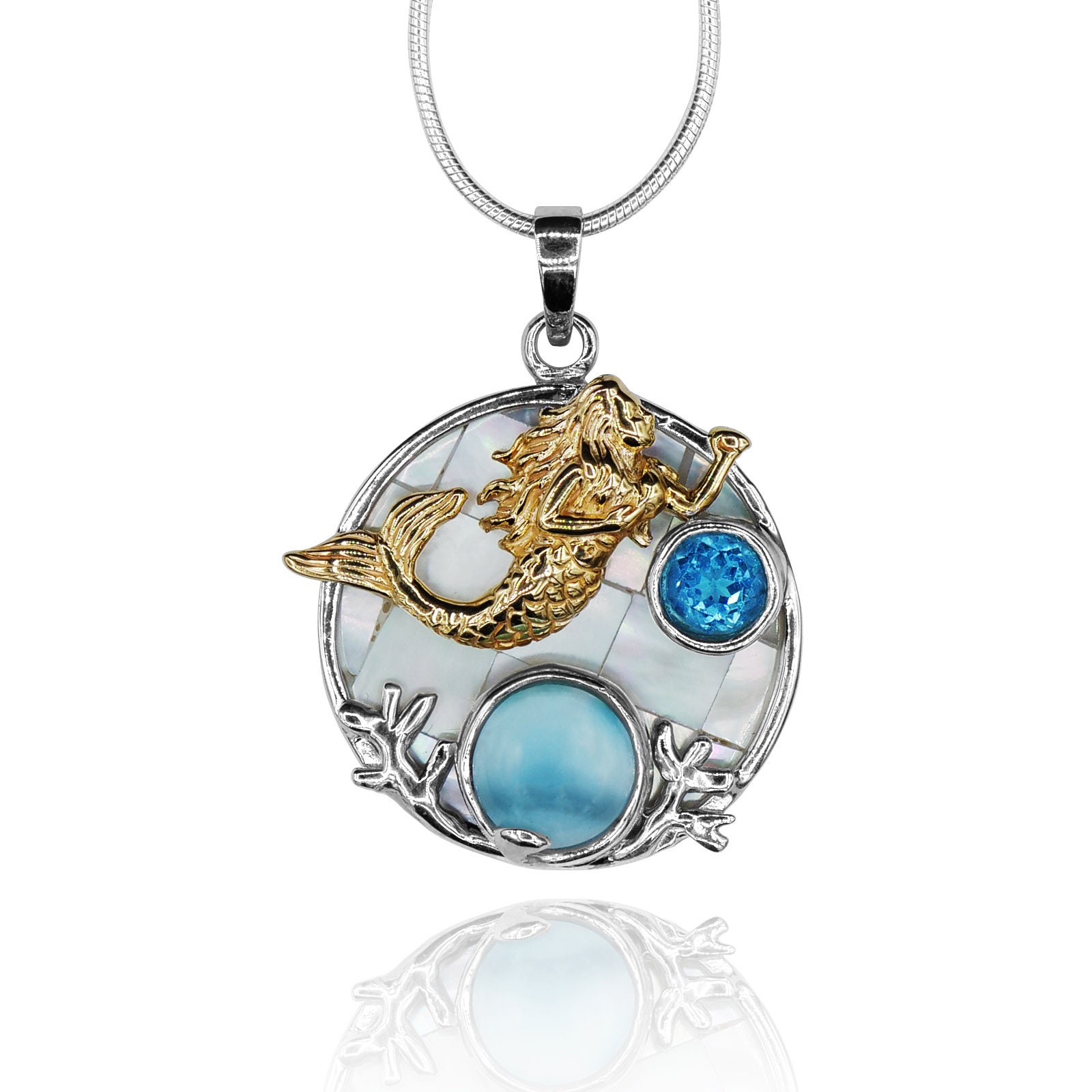 Round Mermaid Necklace Sterling Silver Pendant With Larimar , Blue Topaz  and Mother of Pearl style Sea Life Jewelry Nautical Themed 