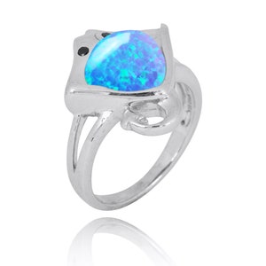 Sterling Silver Manta Ray Ring with Simulated Blue Opal and Black Spinel - Beach Sea Life Silver Jewelry - Nautical - Inspired by Ocean image 3