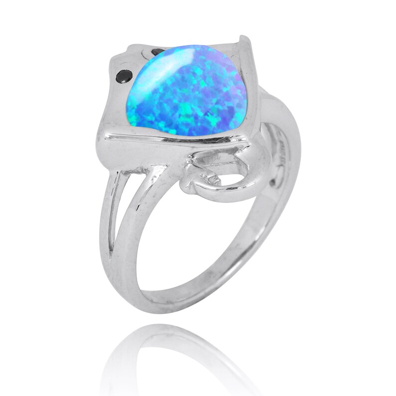 Sterling Silver Manta Ray Ring with Simulated Blue Opal and Black Spinel - Beach Sea Life Silver Jewelry - Nautical - Inspired by Ocean image 3