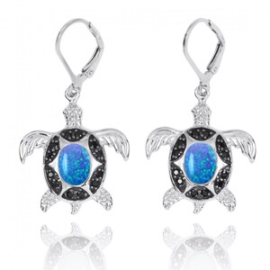 Turtle Lever Back Earrings in Sterling Silver with Blue Opal and Black Spinel - Ocean-Inspired Sea Life Jewelry