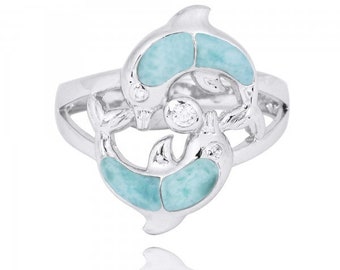 Anillo de delfines de larimar - Anillo de plata de ley con dos delfines, larimar y circonita cúbica blanca - Joyería playera inspirada en Hawái - Artículo para fiestas náuticas