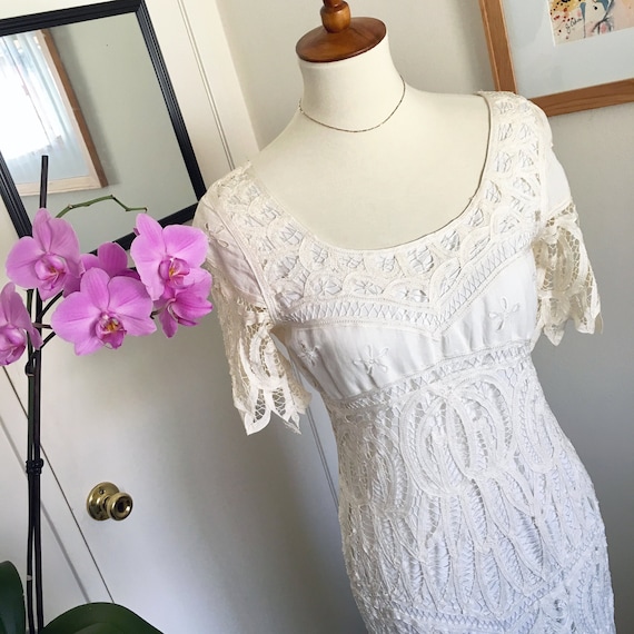 Vintage hand-knit lace dress, ivory - image 1