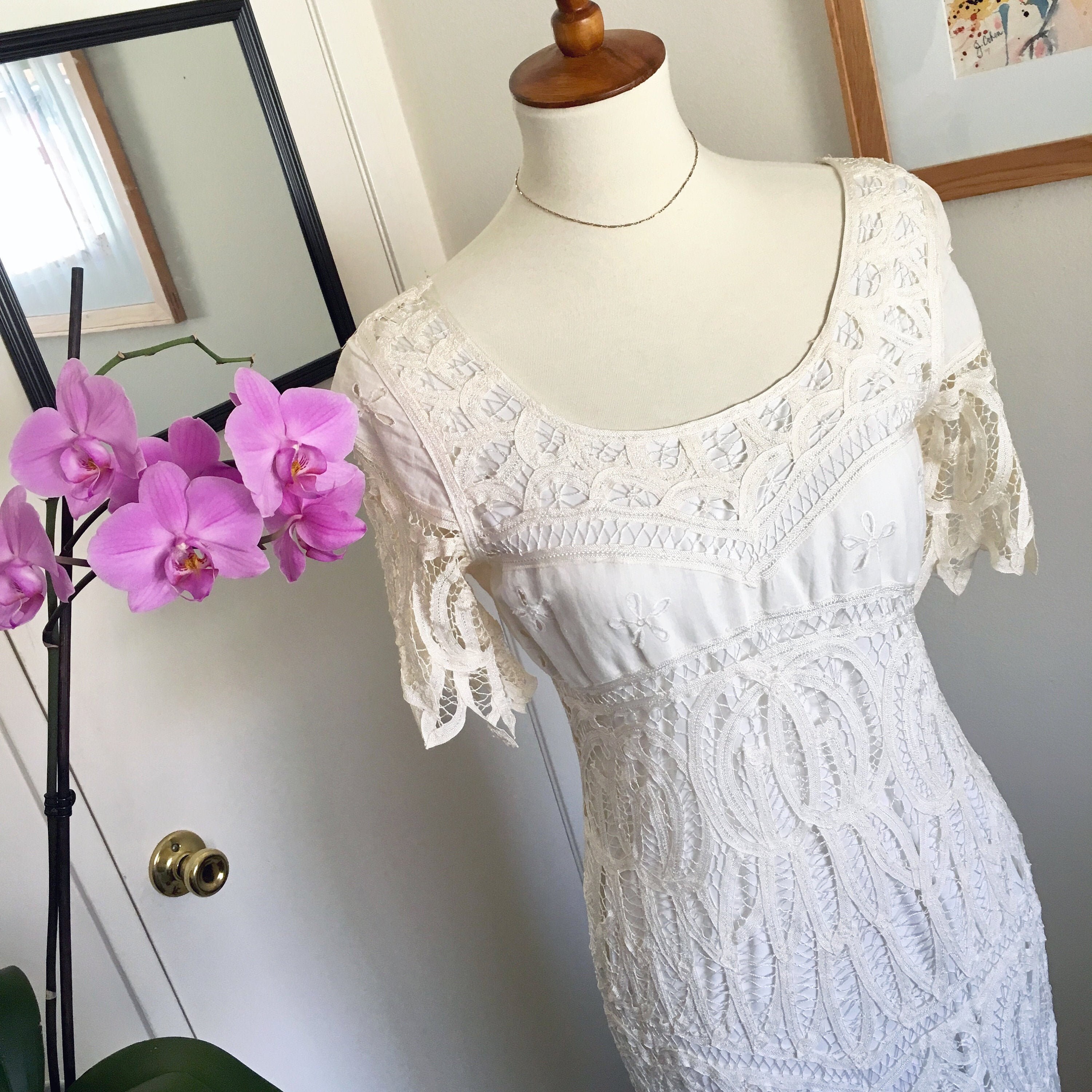 Vintage hand-knit lace dress, ivory Vintage hand-knit lace dress, ivory