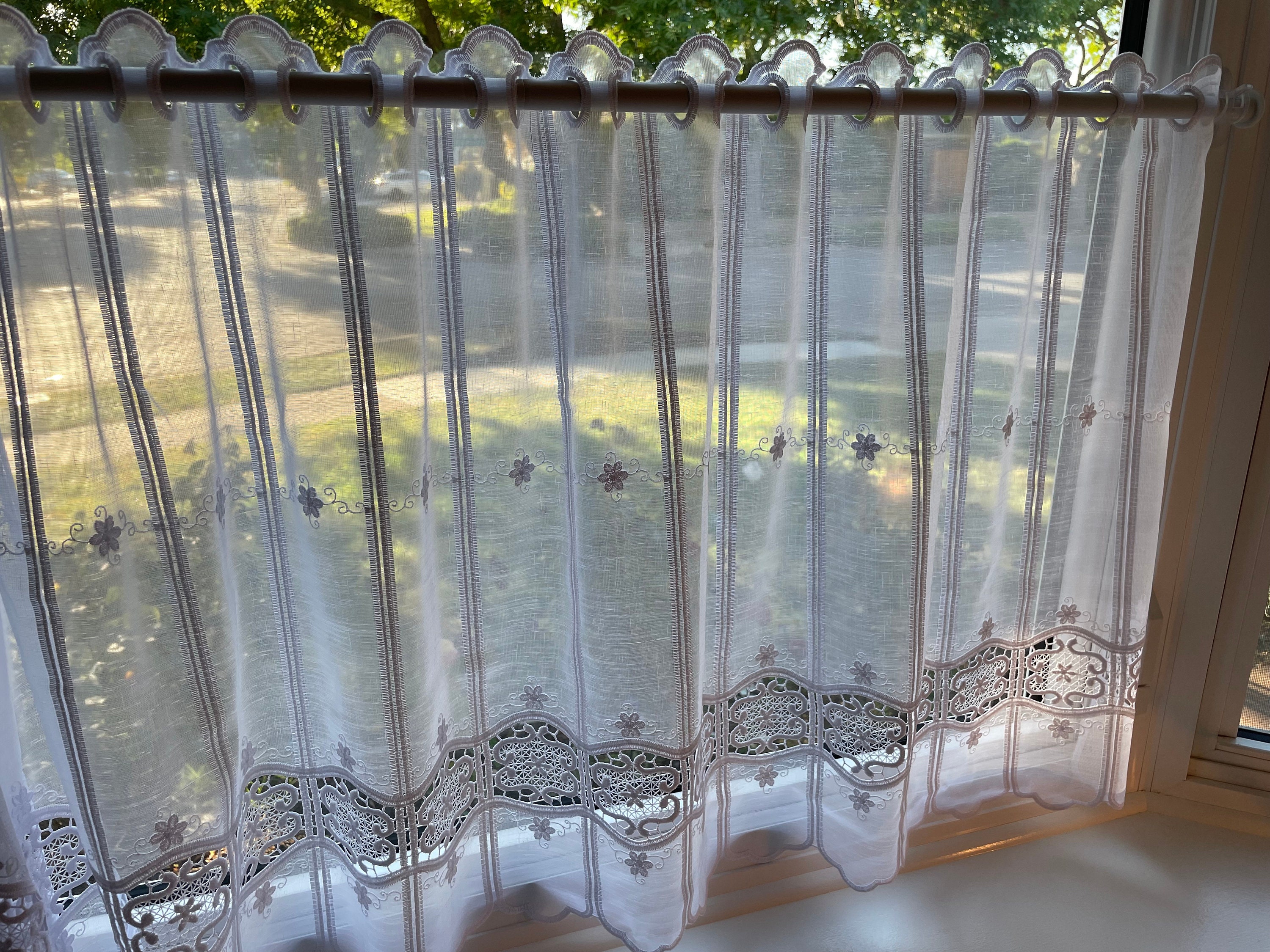 Geo White Cafe Embroidered Curtain