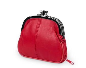 Regalo, monedero rojo de cuero genuino, monedero vintage de cuero suave, monedero, estuche para guardar rosarios, estuche para guardar joyas, bolso para mujer