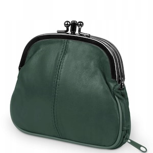 Monedero de cuero verde suave con cierre, monedero vintage de cuero genuino, monedero, estuche para guardar rosarios, idea de regalo para mamá, AirTag