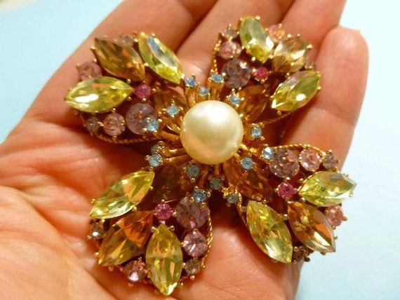 HUGE Trifari Flower Brooch Pastel Rhinestones Faux