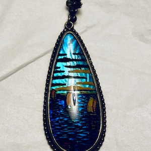 Antique Morpho Butterfly Pendant 1920s Ship Scene