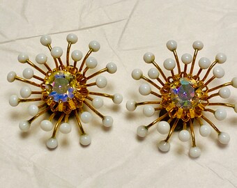 Atomic Starburst Earrings Milk Glass Austria