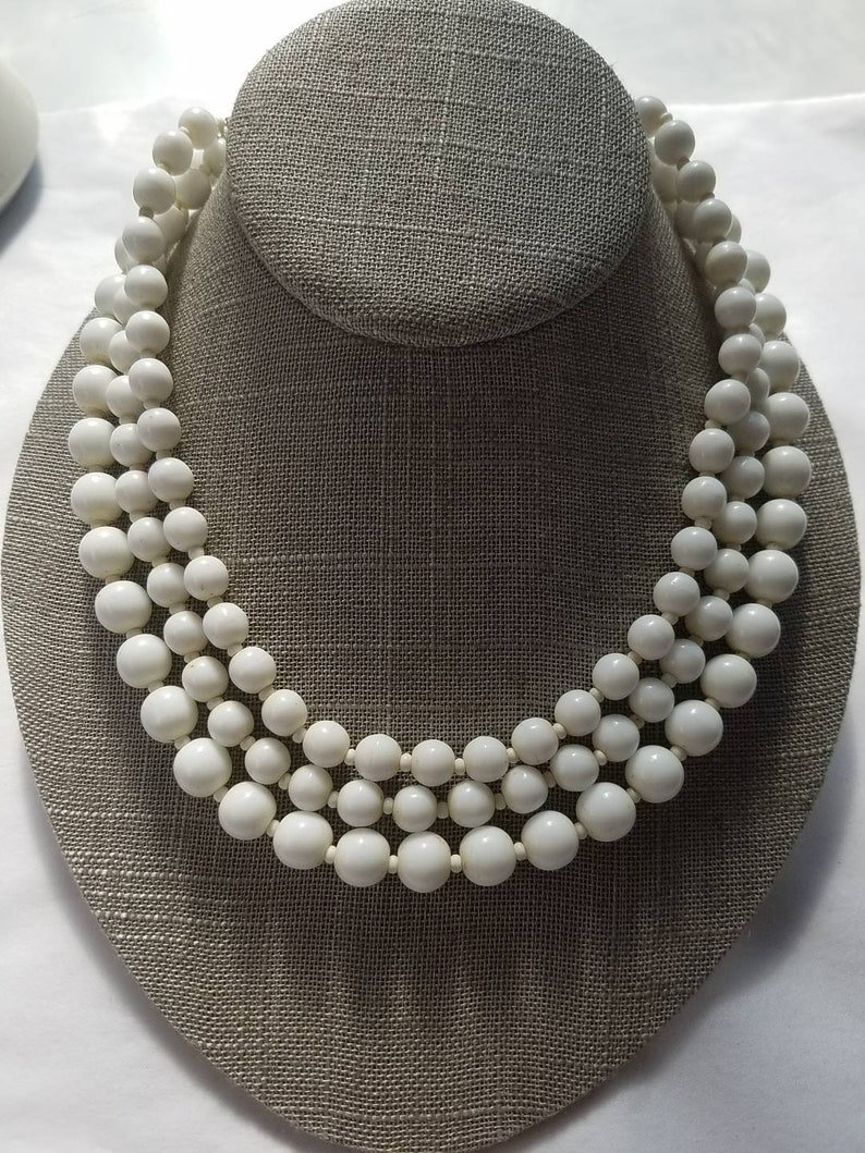 Miriam Haskell Signed Necklace Milk Glass Beads Triple Strand 17.5