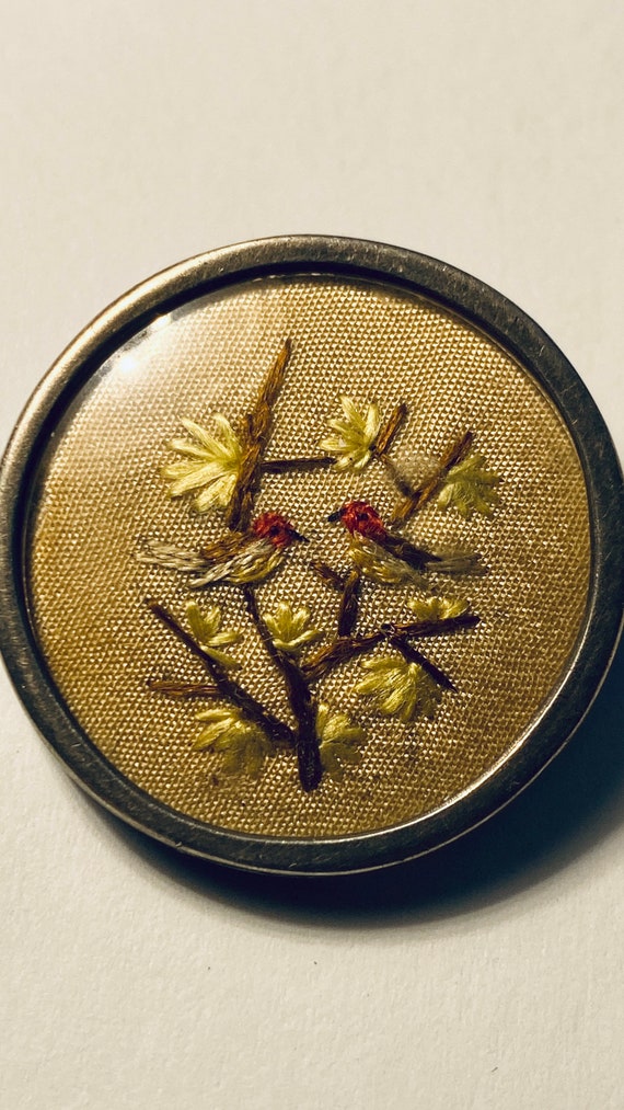 Embroidered Bird Brooch silk sterling silver