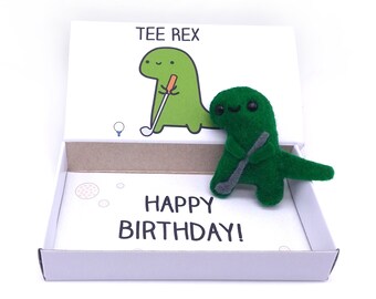 Felt golfing dinosaur magnet in a matchbox birthday gift