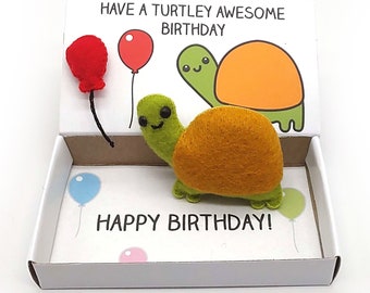 Cute handmade birthday gift, turtle with balloon magnets in a matchbox