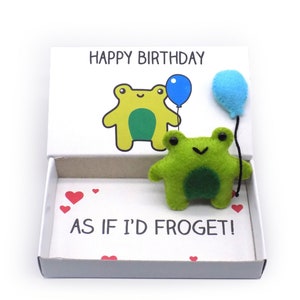 Felt frog with balloon magnets in a matchbox gift, cute handmade birthday present