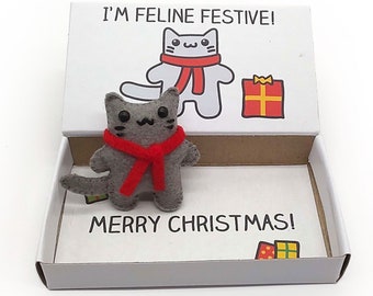Cute handmade cat Christmas gift, cat with a winter scarf magnet in a matchbox, funny cat stocking filler