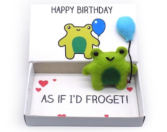 Felt frog with balloon magnets in a matchbox gift, cute handmade birthday present