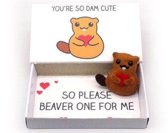 Handmade anniversary gift - felt beaver magnet in a matchbox