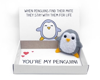 Romantic gift - Felt penguin magnet in a matchbox - 'When penguins find their mate they stay with them for life - You're my penguin!'