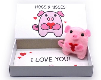 Handmade pig Mother's Day gift - Hogs and kisses, pig with love heart magnet in a matchbox