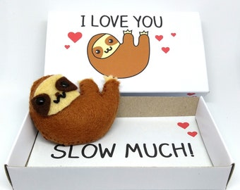 Handmade Mother's Day sloth gift - Cute miniature felt sloth magnet gift,keepsake matchbox with 'I love you slow much' message