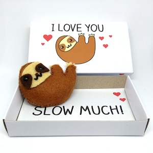 Handmade sloth gift - Cute miniature felt sloth magnet gift,keepsake matchbox with 'I love you slow much' message