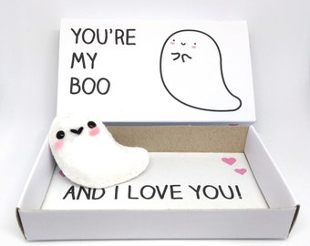 Handmade anniversary gift - Cute ghost magnet gift - Felt plushie in 'you're my boo and I love you' matchbox - love card alternative