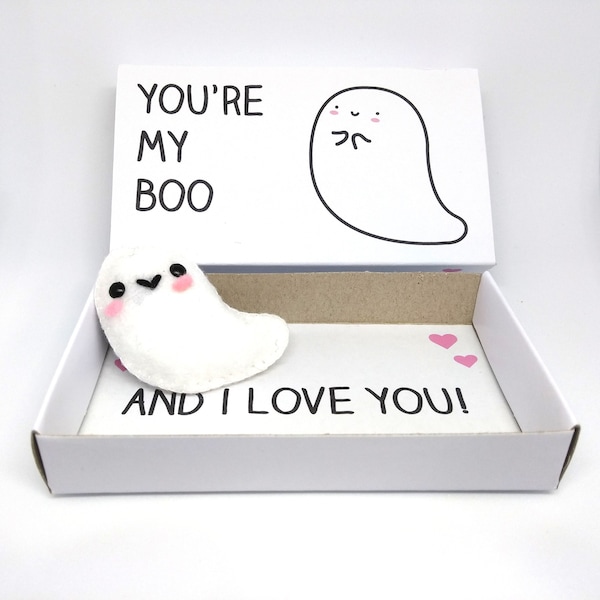 Handmade anniversary gift - Cute ghost magnet gift - Felt plushie in 'you're my boo and I love you' matchbox - love card alternative