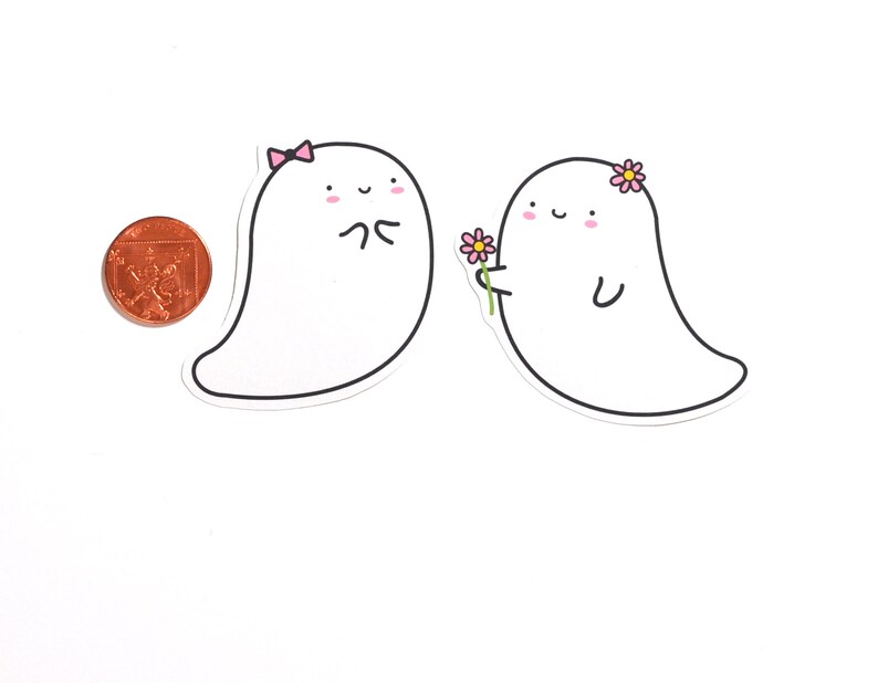 May include: Two cartoon ghosts, one with a pink bow and the other with a pink flower, are smiling at each other. The ghost on the right is holding a pink flower.