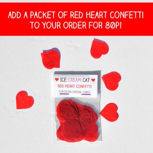 May include: A small clear plastic bag filled with red heart confetti. The bag has a white label that reads "ICE CREAM CAT &hearts; RED HEART CONFETTI FOR EXTRA SPECIAL CARDS".