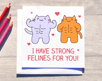 Funny Valentine's Day card featuring muscley gym cats, I have strong felines for you!