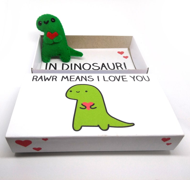 Cute miniature felt dinosaur magnet in matchbox with .RAWR means I love you in dinosaur/' message cute romantic gift