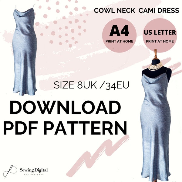 Cowl Neck Bias-cut dress PDF Sewing Pattern,  size 8UK 34EU, Spaghetti slip cami dress, A4 US Letter A0 Copyshop printable