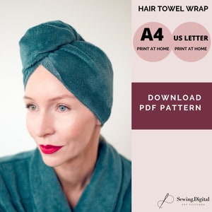 Patrón de costura en PDF para envolver con toalla para secar el cabello, imprimible digitalmente en formato A4/carta de EE. UU., plantilla para hacer trenzas para el cabello, tutorial de patrones de costura