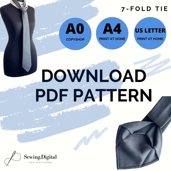 7-fold Men Tie PDF pattern, instant downloadable pattern, A4 US Letter A0 copyshop printable, digital download, seven fold tie