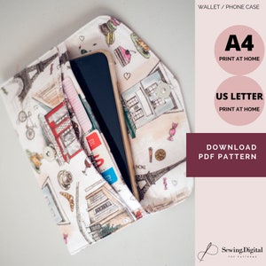 Capa de telefone multibolso envelope carteira com três dobras padrão de costura pdf, digital a4/eua carta imprimível, carteira com bolsos para cartões diy