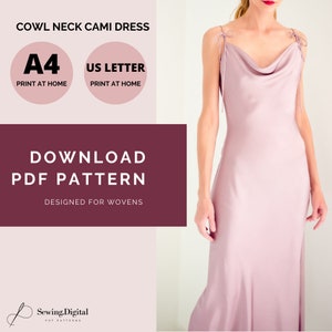 Bias-cut slip dress PDF, Cowl neck dress Sewing Pattern, sizes 8UK/34EU - 16UK/42EU, Spaghetti drape neck DIY